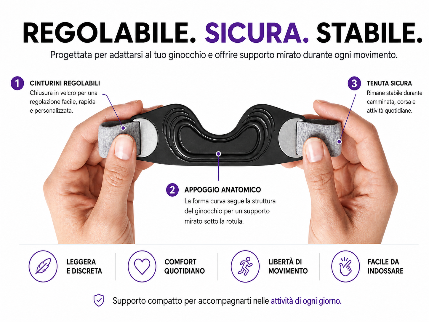 Infografica Braugo: regolabile, sicura e stabile, con cinturini regolabili, appoggio anatomico e tenuta sicura